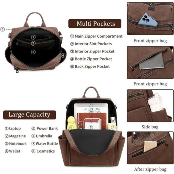 Vegan Leather Backpack for Women Brown7 - Picture 4 of 6